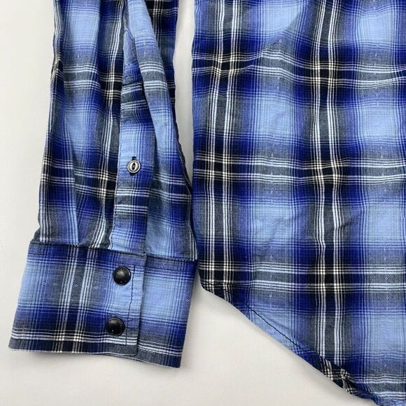 American Eagle SLIM FIT Blue Gray Plaid Western Snap Button Up Shirt L/S Sz S - Picture 9 of 9
